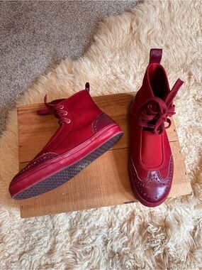 Y's by Yohji Yamamoto Rare Red Wingtip-Wool Leather Lace-Up Sneaker boots
